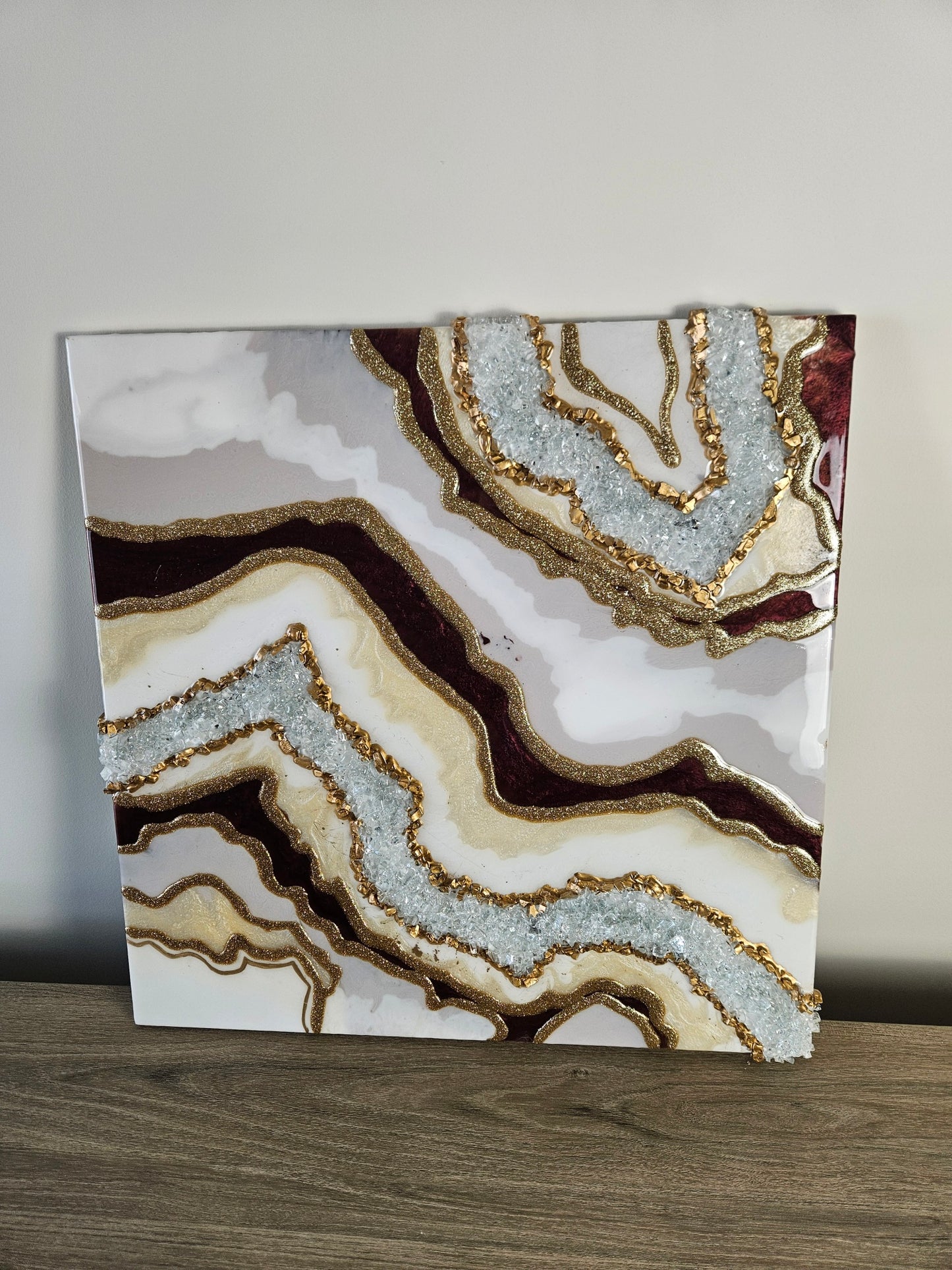 Brown-White Epoxy Resin Wall Art with Crystals