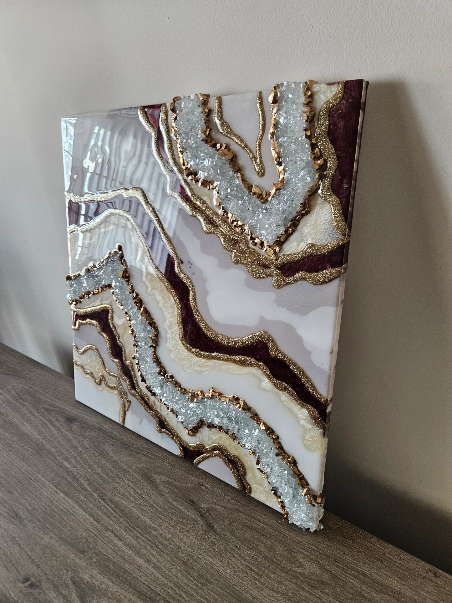 Brown-White Epoxy Resin Wall Art with Crystals