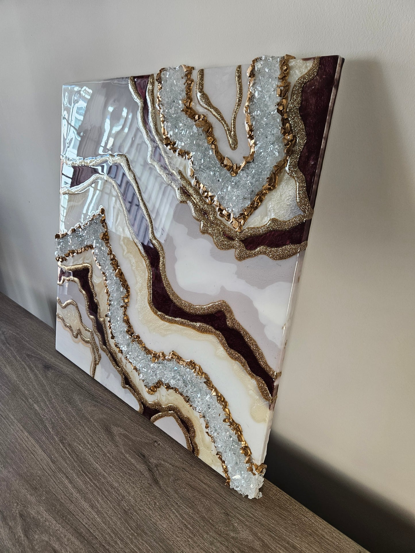 Brown-White Epoxy Resin Wall Art with Crystals